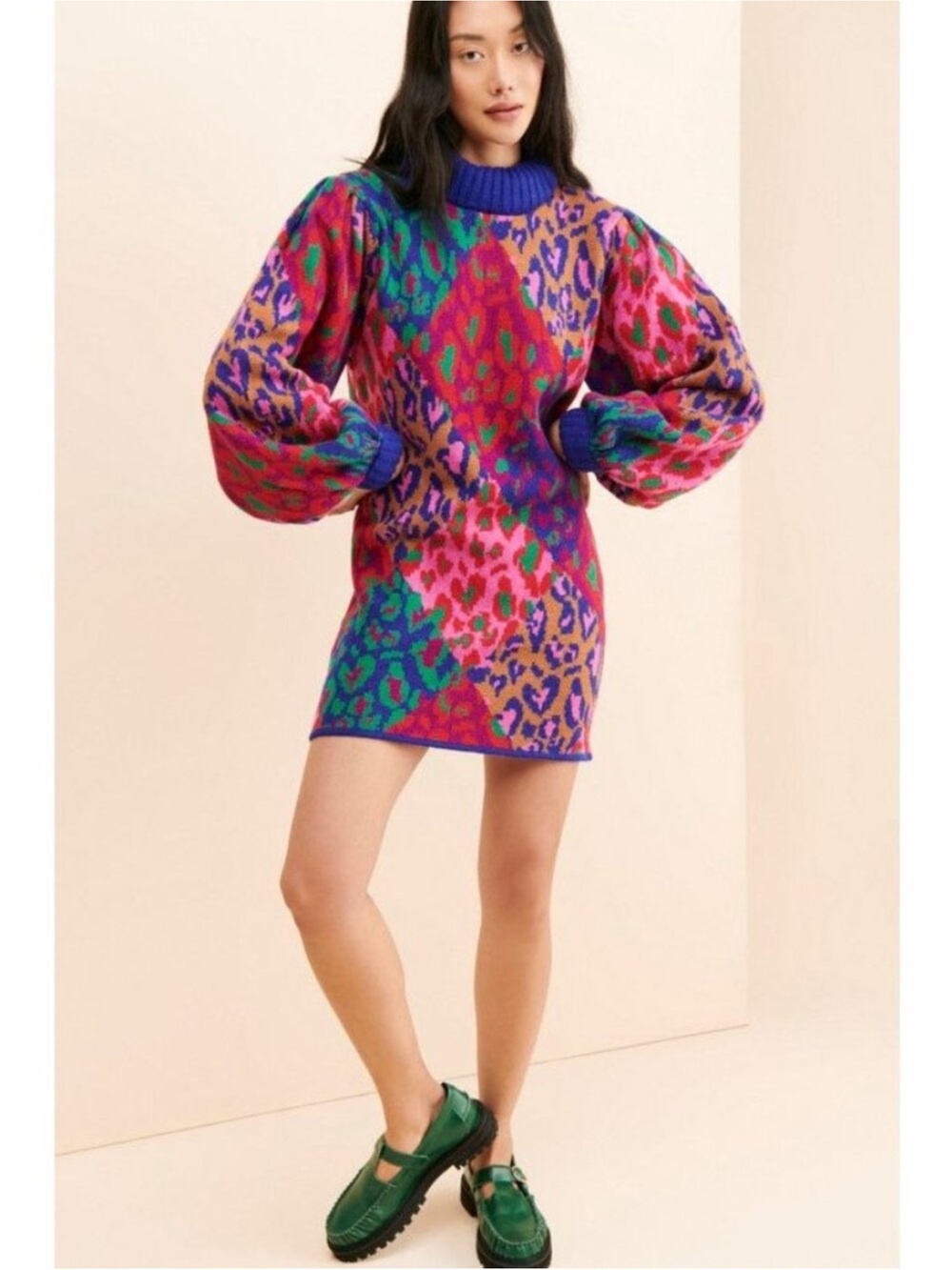The Farm Rio Mixed Leopard Pop Sweater Oversized Dress Wool Blend Sz S